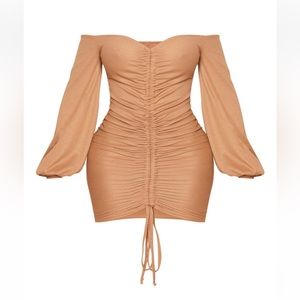 CAMEL RIBBED RUCHED DRESS